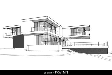 3D rendering schizzo della moderna casa accogliente dal fiume con garage in vendita o in affitto. Linea nera sketch con luce tenue ombre su sfondo bianco. Foto Stock