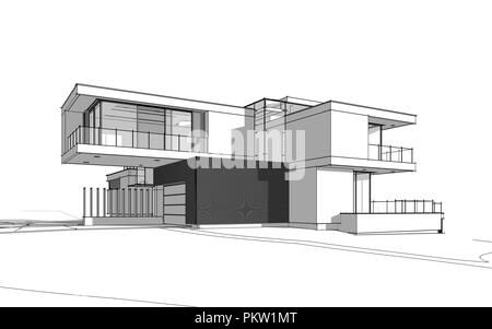 3D rendering schizzo della moderna casa accogliente dal fiume con garage in vendita o in affitto. Linea nera sketch con luce tenue ombre su sfondo bianco. Foto Stock