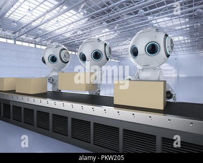 3D rendering mini robot con scatole sulla linea di trasporto in fabbrica Foto Stock
