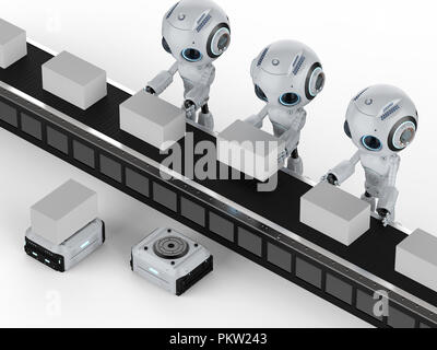 3D rendering mini robot con scatole sulla linea di trasporto in fabbrica Foto Stock