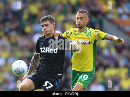 Il Middlesbrough Mo Besic (sinistra) e Norwich City's Moritz Leitner durante il cielo di scommessa match del campionato a Carrow Road, Norwich. Foto Stock