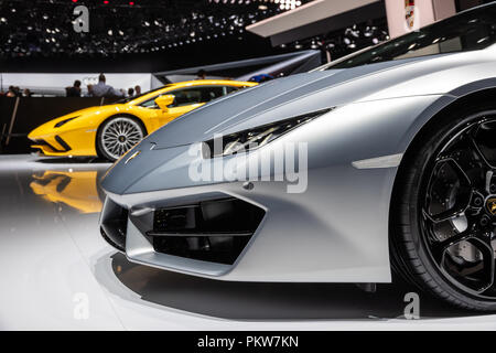 Francoforte, Germania - Sep 13, 2017: Lamborghini Huracan propulsion Spyder auto sportiva ha presentato al salone di Francoforte IAA Motor Show. Foto Stock