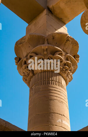 Palmiform decorativi motivo floreale in cima alla colonna del tempio contro il cielo blu e il Tempio di Philae, Fiume Nilo, Aswan, Egitto, Africa Foto Stock