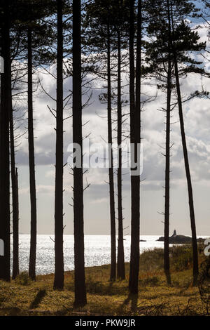 Vista attraverso il Menai Straits al Parco Nazionale di Snowdonia litorale attraverso gli alberi Foto Stock