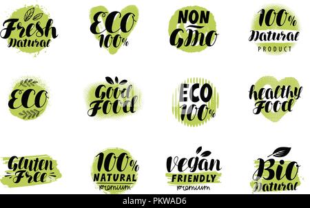 Naturale, il logo biologico o etichetta. Set di eco badge. Vettore di caratteri Illustrazione Vettoriale