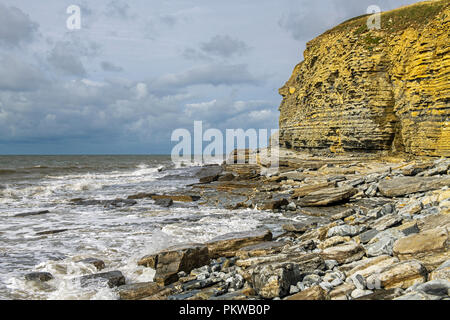 Lias scogliere calcaree a Dunraven Bay Southerndown sul Glamorgan Heritage costa sud del Galles Foto Stock