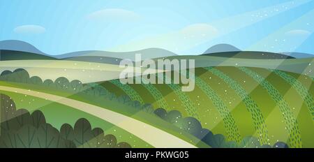 Estivo soleggiato verde paesaggio di campi. Colline di raccolto Illustrazione Vettoriale