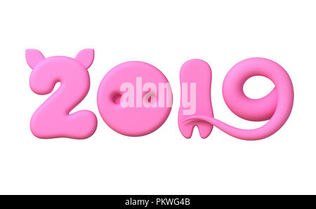 Concetto 2019 con numeri di rosa come delle orecchie di maiale, naso, gamba e la coda isolato su sfondo bianco. 3D'illustrazione. Foto Stock