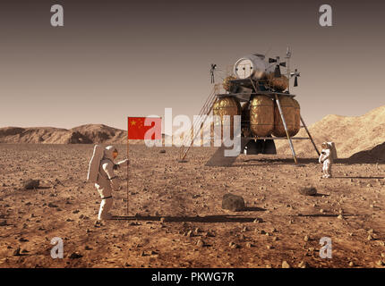 Gli astronauti impostare una bandiera cinese sul pianeta Marte. 3D'illustrazione. Foto Stock