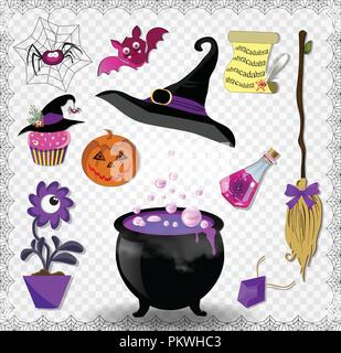 Purple halloween cartoon set of various objects for witches isolated on transparent background. Vector icons, clip art, elements for magic witchcraft. Illustrazione Vettoriale