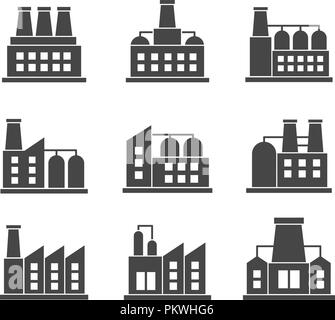 Set di vettore di fabbriche le relative icone. Edificio industriale fabbrica simbolo e segno su sfondo bianco Illustrazione Vettoriale