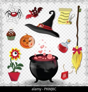 Red halloween cartoon set of various objects for witches isolated on transparent background. Vector icons, clip art, elements for magic witchcraft. Po Illustrazione Vettoriale