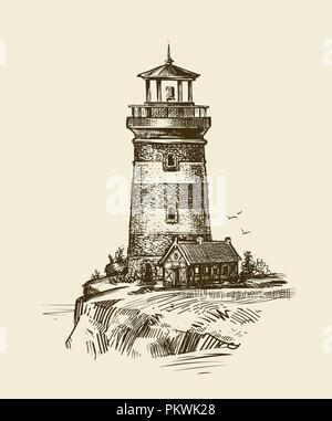 Faro sulla riva del mare, sketch. Seascape vintage illustrazione vettoriale Illustrazione Vettoriale