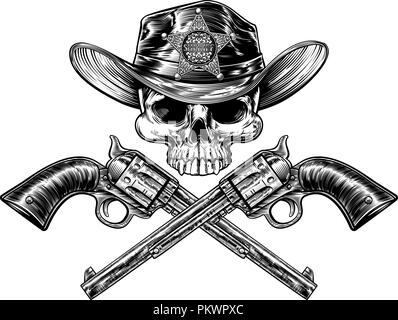 Pistole e Sheriff Badge Star cappello da cowboy cranio Illustrazione Vettoriale