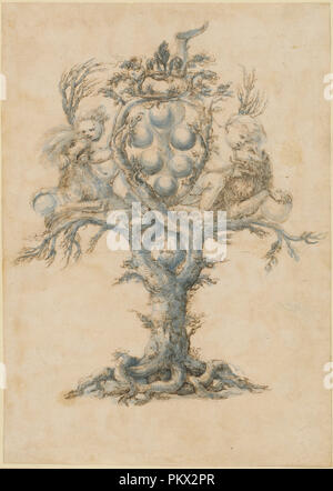 Un vino Decanter con i Lions e teste di putti. Data: 1650/1670. Dimensioni: foglio: 33,8 x 24,1 cm (13 5/16 x 9 1/2 in.). Medium: Penna e inchiostro bruno con lavaggio blu su grafite su di beige chiaro di cui la carta. Museo: National Gallery of Art di Washington DC. Autore: Master dei Medici decantatori per banchetti. Foto Stock