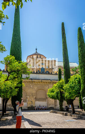 Cordoba, Spagna - 20 giugno : un uomo solitario di prendere una fotografia nel cortile della Mezquita de Córdoba,la Grande Moschea di Cordova, Moschea-cattedrale,La Mez Foto Stock