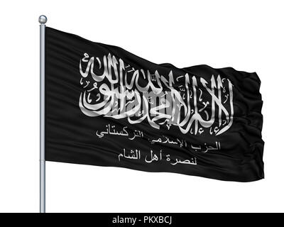 Partito islamico del Turkestan in Siria bandiera sul pennone, isolato su sfondo bianco, rendering 3D Foto Stock