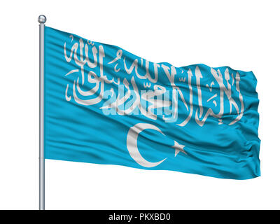 Partito islamico del Turkestan bandiera sul pennone, isolato su sfondo bianco, rendering 3D Foto Stock