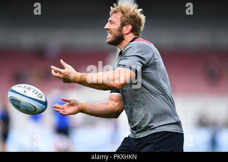 Londra, Regno Unito. 15 settembre 2018. Chris Robshaw di arlecchini (c) durante la pre-match warm up durante la Premiership Gallagher match tra arlecchini e bagno a Twickenham Stoop Sabato, 15 settembre 2018. Londra Inghilterra. (Solo uso editoriale, è richiesta una licenza per uso commerciale. Nessun uso in scommesse, giochi o un singolo giocatore/club/league pubblicazioni.) Credito: Taka Wu/Alamy Live News Foto Stock