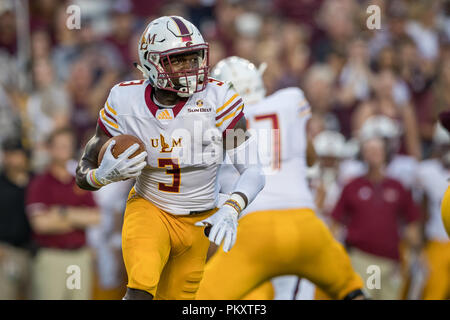 College Station, Texas, Stati Uniti d'America. Xv Sep, 2018. Louisiana-Monroe Warhawks wide receiver Marcus verde (3) viene eseguito uno sweep durante il NCAA Football gioco tra il Louisiana-Monroe Warhawks e Texas A&M Aggies a Kyle Campo in College Station, Texas. Texas A&M sconfitto Louisiana-Monroe 48-10. Prentice C. James/CSM/Alamy Live News Foto Stock