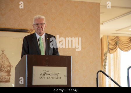 Mill Valley, Stati Uniti d'America. Xv Sep, 2018. Winfried Kretschmann (Bündnis 90/Die Grünen), il primo ministro del Land Baden-Württemberg, parla alla firma dell'accordo di partenariato tra Baden-Württemberg e California presso il Fairmont Hotel. Credito: Jana Höffner/Staatsministerium Baden-Württemberg/dpa/Alamy Live News Foto Stock