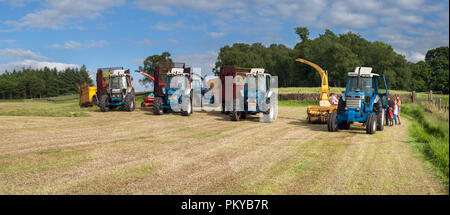 R-L 1986 Ford 7710 forza 2, 1990 Ford 6810, 1991 Ford 7810 1989 Ford 7810 Silver Jubilee schierate mentre si effettua da insilato su di una fattoria di caseificio in Inghilterra Foto Stock