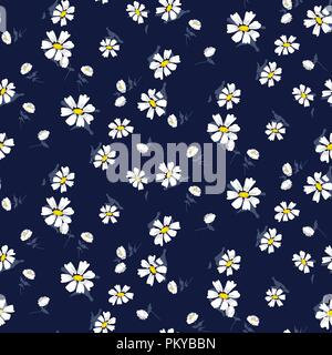 Bianco Fiori di camomilla vettore seamless pattern blu. Illustrazione Vettoriale