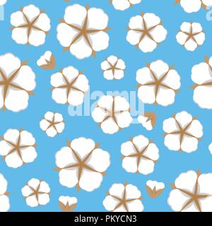 Fiore di cotone Seamless pattern. Stile di piatto su sfondo blu. Illustrazione Vettoriale. Illustrazione Vettoriale