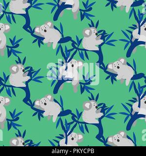 Modello senza cuciture con graziosi koala poggia su albero di eucalipto. Illustrazione Vettoriale