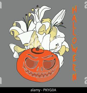 Zucca di Halloween. Jack-o-lantern con giglio fiori e Halloween iscrizione in proiezione isometrica Illustrazione Vettoriale
