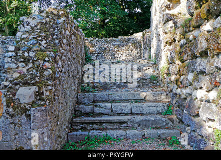 Una vista di passi per il west end di rovine normanne del Vescovo la cappella a nord Elmham, Norfolk, Inghilterra, Regno Unito, Europa. Foto Stock