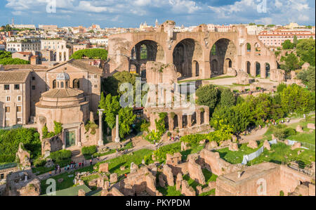 La Basilica di Massenzio e il Tempio di Romolo nel foro romano. Roma, Italia. Foto Stock