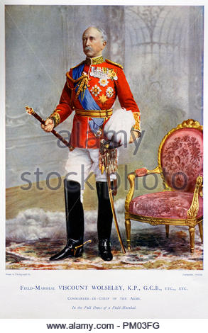 Maresciallo di Campo Garnet Joseph Wolseley, primo Visconte Wolseley KP, GCB, OM, GCMG, VD, PC, 1833 - 1913, era un funzionario anglo-irlandese nell'esercito britannico. Illustrazione a colori da 1900 Foto Stock