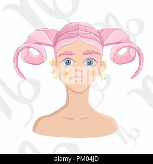 Rosa-ragazza dai capelli con cornuto acconciatura su astrologia sfondo senza giunture. Capricorno segno zodiacale isolati su sfondo bianco. Illustrazione Vettoriale