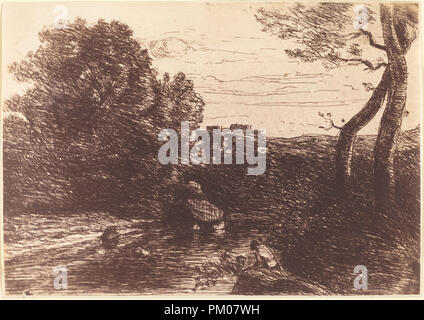 Pastore la vasca da bagno (Le Bain du berger). Data: 1853. Medium: cliche-verre. Museo: National Gallery of Art di Washington DC. Autore:, Corot Jean-Baptiste-Camille. Foto Stock