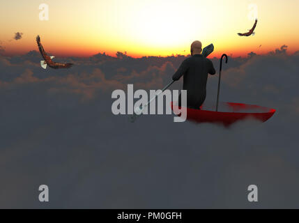 Il surrealismo. Uomo in un vestito con paddle galleggianti in rosso ombrello sulle nuvole. Eagle vola in cielo. Foto Stock