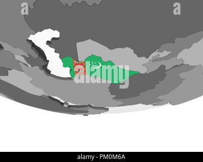 Il Turkmenistan sul grigio globo politico con embedded bandiera. 3D'illustrazione. Foto Stock