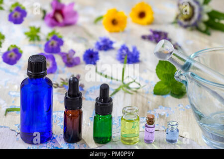 La terapia a base di erbe. oli essenziali e medico di fiori e di erbe sul vecchio blu incrinato Sfondo legno spazio copia Foto Stock
