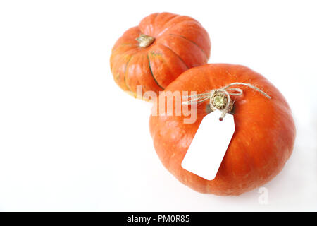 Composizione d'autunno. Arancione zucca Hokkaido con blank gift, i cartellini del prezzo sul tavolo bianco sullo sfondo. Caduta, Halloween e ringraziamento design. Il concetto di business. Stock di stile Foto Stock