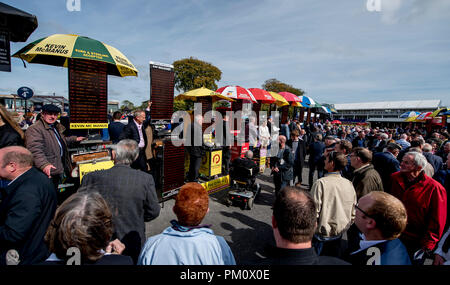 Curragh, KIL, STATI UNITI D'AMERICA. Xvi Sep, 2018. 16 settembre 2018 : alta moda, cappelli alla moda e il prezzo elevato dei cavalli purosangue rendere la scena come i fan frequentare Irish Champions Stakes giorno al Curragh Racecourse, il 16 settembre 2018 in Curragh, Irlanda. Scott Serio/ESW/CSM/Alamy Live News Foto Stock