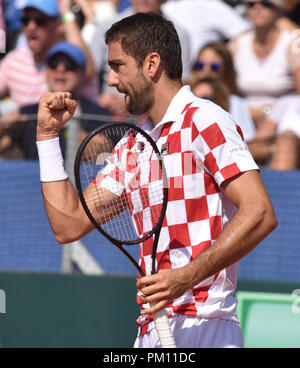 Zadar, Croazia. Xvi Sep, 2018. Marin CILIC di Croazia celebra durante la Coppa Davis World Group semifinale partita di tennis contro Sam QUERREY degli Stati Uniti in Zadar, Croazia, Sett. 16, 2018. Credito: Hrvoje Jelavic/Xinhua/Alamy Live News Foto Stock