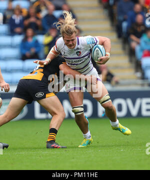 Coventry, Regno Unito. 16 Settembre, 2018. David Denton sulla carica per Leicester Tigers durante la Premiership Gallagher Rugby Union match tra le vespe e Leicester Tigers RFC. Phil Hutchinson/Alamy Live News Foto Stock