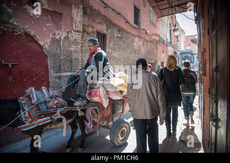 26-02-15, Marrakech, Marocco. I turisti e la gente del luogo esplorare i vicoli affollati della Medina. Foto © Simon Grosset Foto Stock