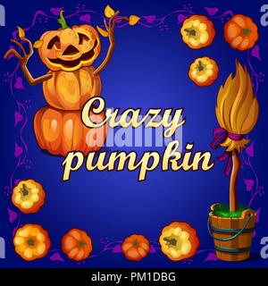 Poster in stile di vacanza tutto il male Halloween. Funny Spaventapasseri zucche nella forma di un pupazzo di neve, una scopa della strega che cresce in un secchio di legno. Vector cartoon close-up illustrazione. Illustrazione Vettoriale