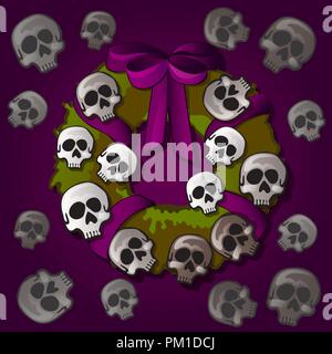 Poster o stile cartolina Halloween holiday. Ghirlanda rotonda con ornamenti in forma di miniatura teschi umani e nastro viola prua. Vector cartoon close-up illustrazione. Illustrazione Vettoriale