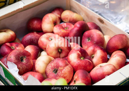 Cassa di pesche fresche in vendita nel mercato di Borough, Southwark, Londra UK Foto Stock