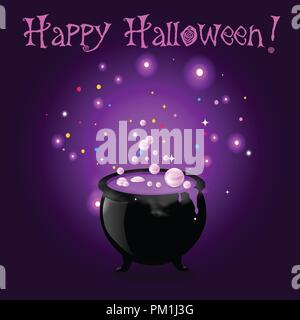 Happy Halloween biglietto di auguri. Calderone della strega con ebollizione pozione frizzante e iscrizione su sfondo viola. Vettore illustrazione cartoon, invitat Illustrazione Vettoriale