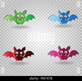 Set di vettore di carino divertente multi colore pipistrelli sorridente. Verde, Blu, Viola, rosso bat caratteri su sfondo trasparente. Halloween digital design eleme Illustrazione Vettoriale