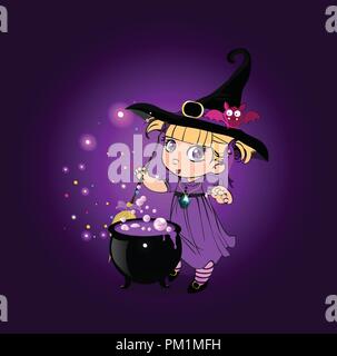 Vector cartoon halloween illustrazione di kawaii poco Ragazza strega in costume e carino bat sul suo hat miscelazione con la scopa in ebollizione pozione incandescente in cauld Illustrazione Vettoriale