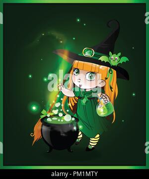 Vector cartoon halloween illustrazione di poco lo zenzero baby Ragazza strega in costume e carino bat sul suo hat mescolare pozione di ebollizione con manico in cauld Illustrazione Vettoriale